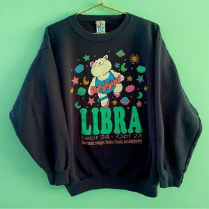 Vintage Libra Sweatshirt Astrology Cute Cat 80s 90s pullover crewneck VTG XL